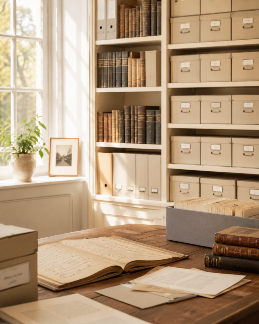 Archive shelves with historical records