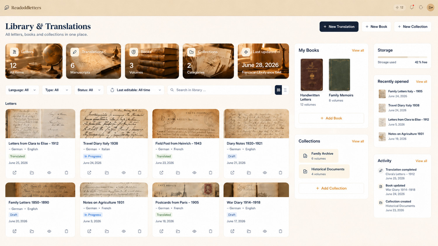 Library and translations dashboard – all letters, books and collections in one place