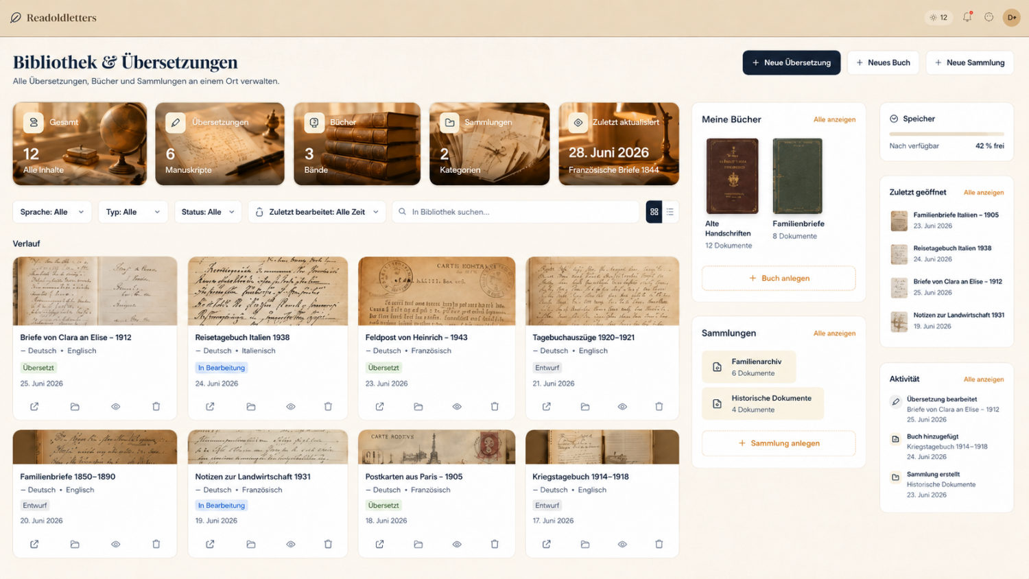 Dashboard: Bibliothek & Übersetzungen – alle Bücher, Sammlungen und Übersetzungen an einem Ort