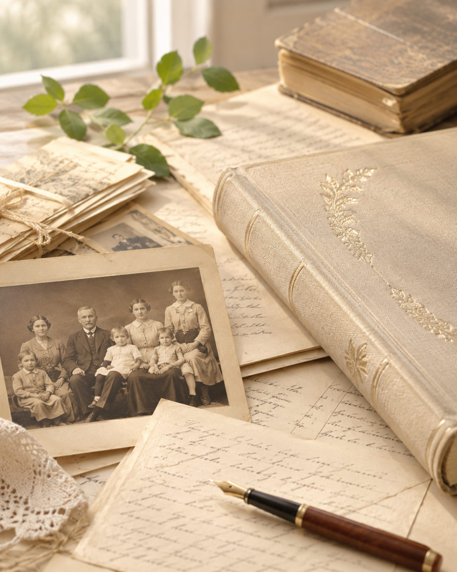 Genealogist studying old family documents