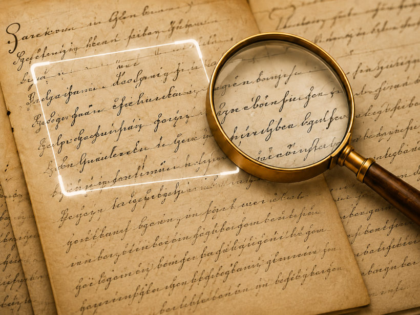 Magnifying glass over old handwriting