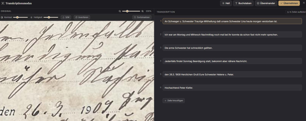 Transcription mode: the original zoomed in next to the transcription in numbered lines
