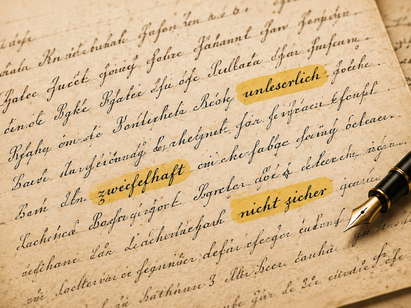 Handschrift mit markierten unsicheren Wörtern